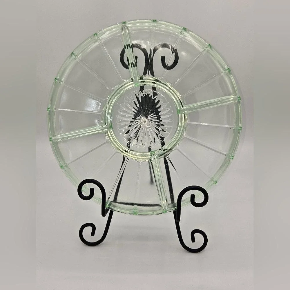 Hazel Atlas Ribbon Green Uranium Depression Glass Divided Relish Dish Tray 10
